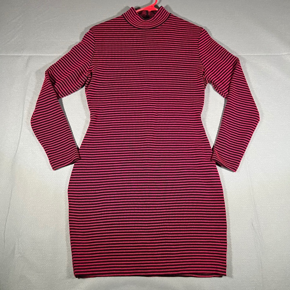 Vintage Ebony Style by Spiegal Striped Bodycon Dress, Long Sleeve Mock Neck Pink